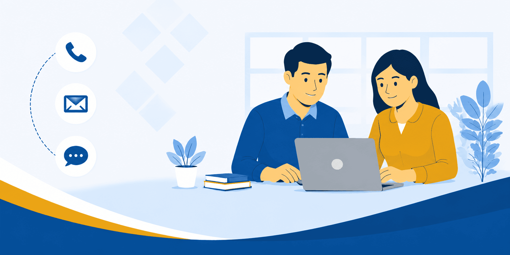 Illustration of PDIC staff ready to assist via phone, email, and chat