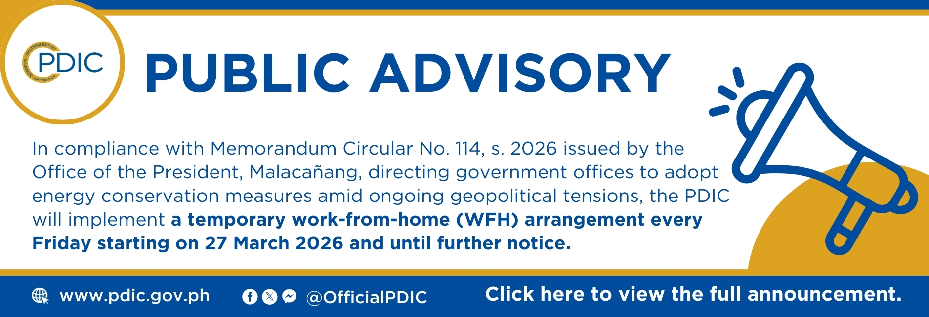 Public advisory on PDIC work-from-home arrangement every Friday starting March 27, 2026